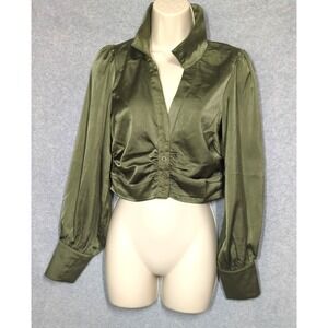 Satin Blouse Women S Olive Green Bell Sleeves Deep V Neck Feminine Feel Sexy